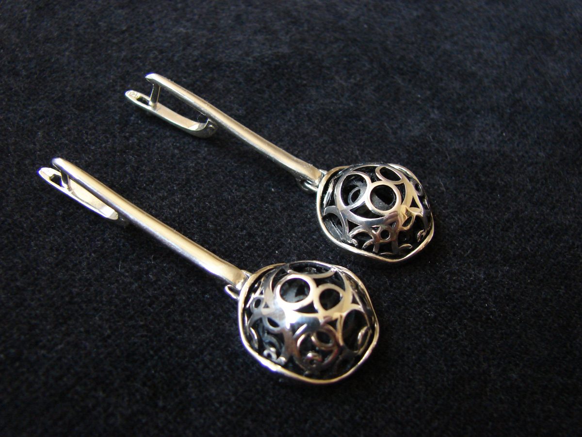 Long Openwork Earrings, Sterling Silver 925, Swirl Circles Design, Gift for Her, Dangle Party Earring