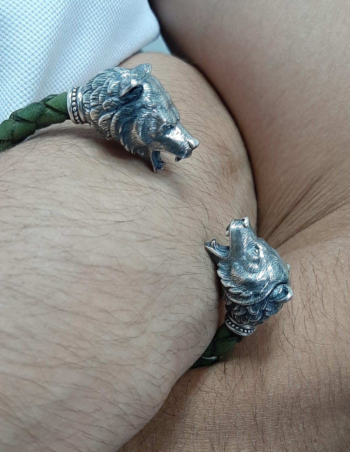 Мen's Cuff Bracelet Bear, Sterling Silver 925 and Leather
