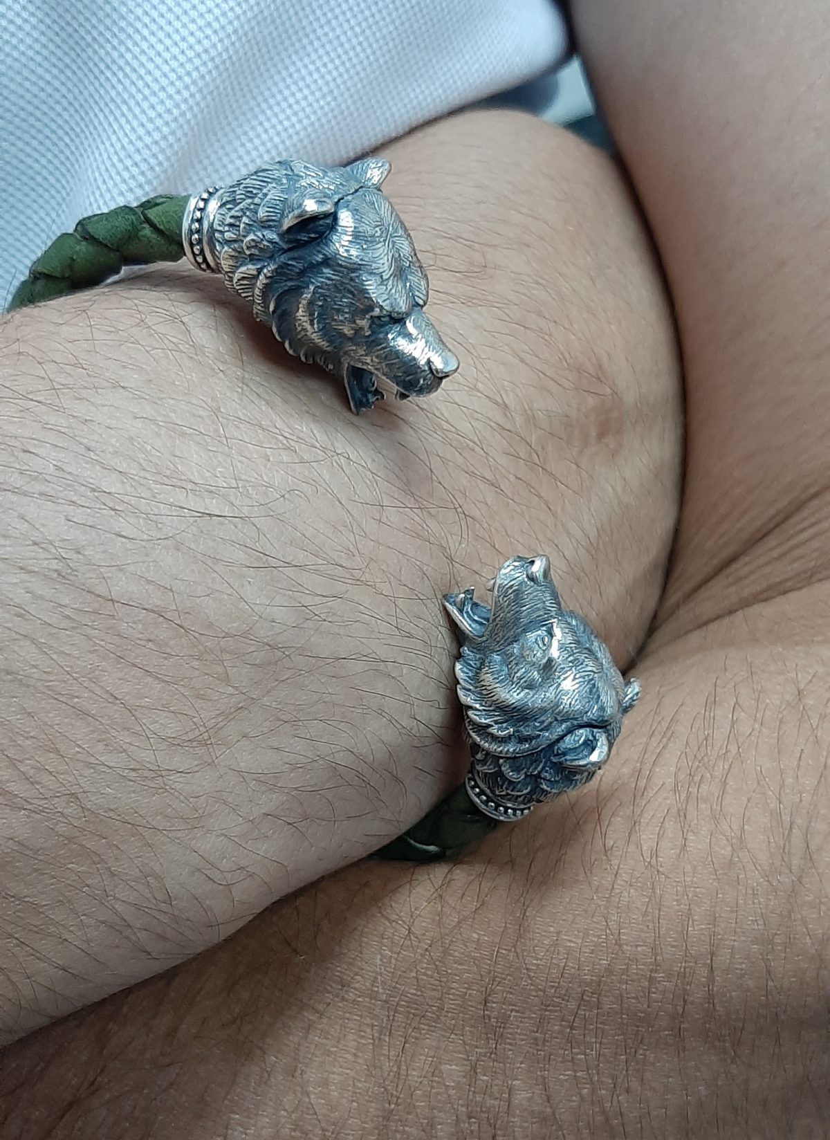 Мen's Cuff Bracelet Bear, Sterling Silver 925 and Leather