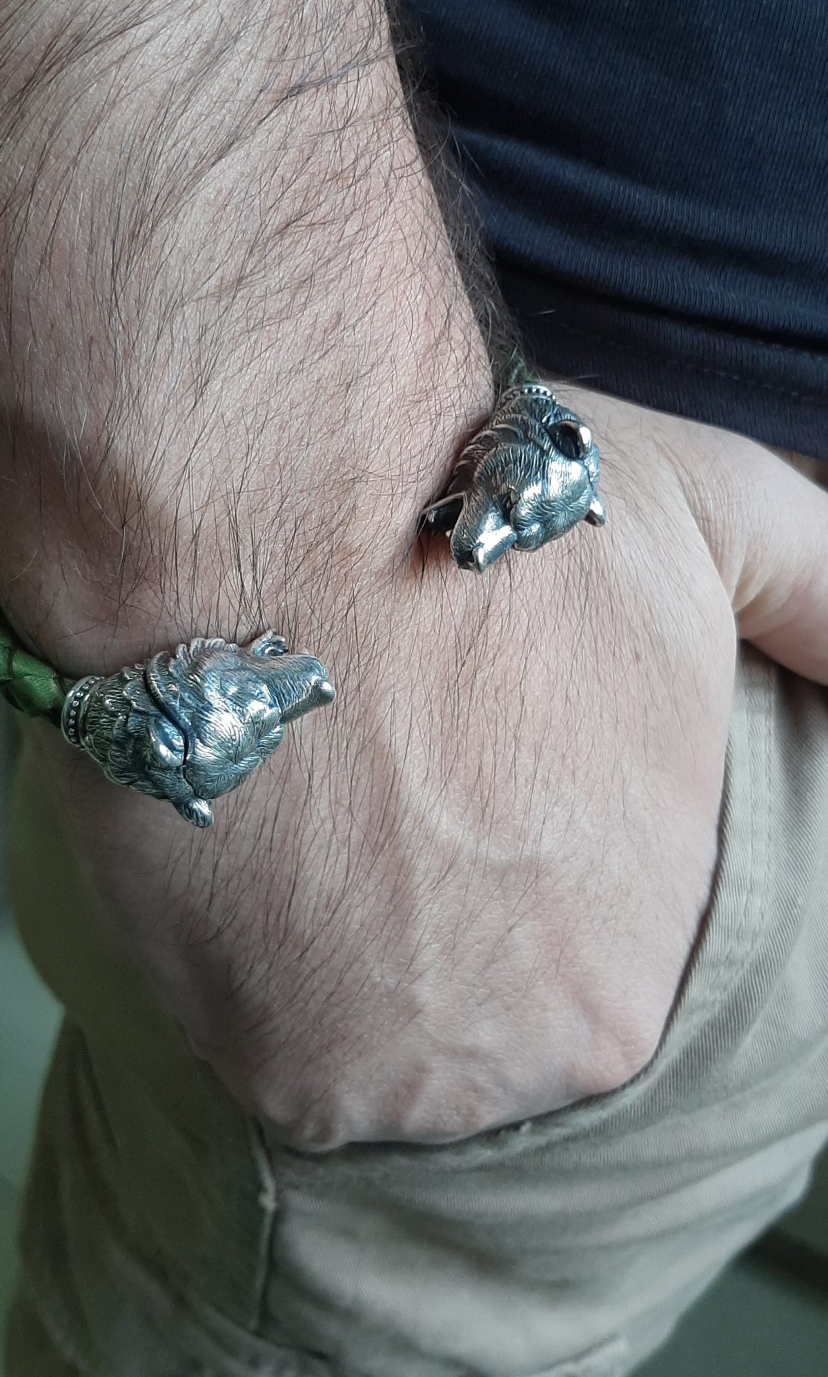 Мen's Cuff Bracelet Bear, Sterling Silver 925 and Leather