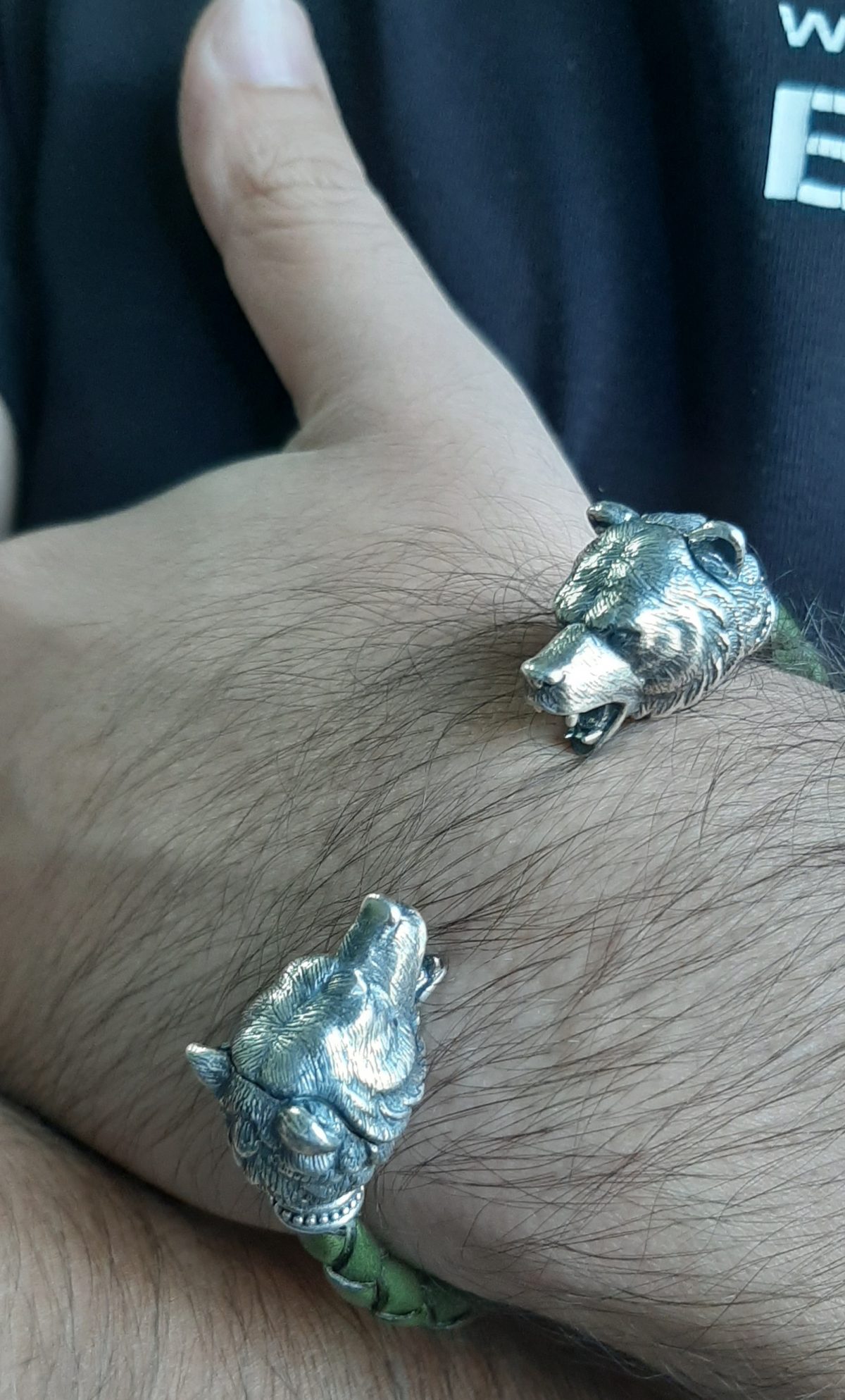 Мen's Cuff Bracelet Bear, Sterling Silver 925 and Leather