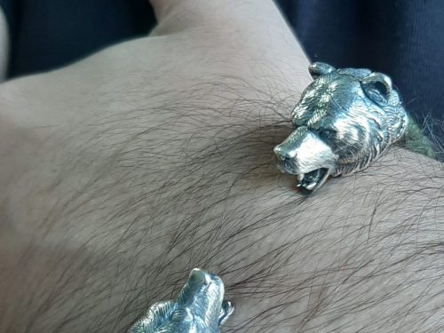 Мen's Cuff Bracelet Bear, Sterling Silver 925 and Leather