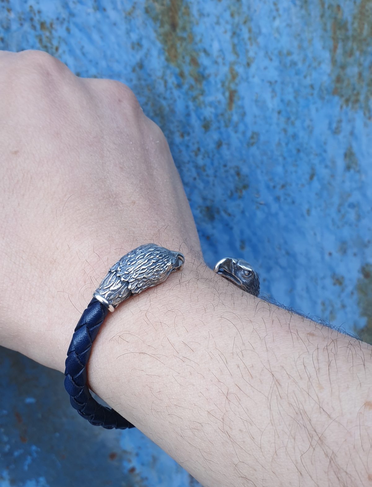 Мen's Cuff Bracelet Eagle Sterling Silver 925 and Genuine Leather