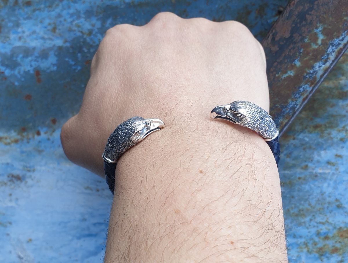 Мen's Cuff Bracelet Eagle Sterling Silver 925 and Genuine Leather