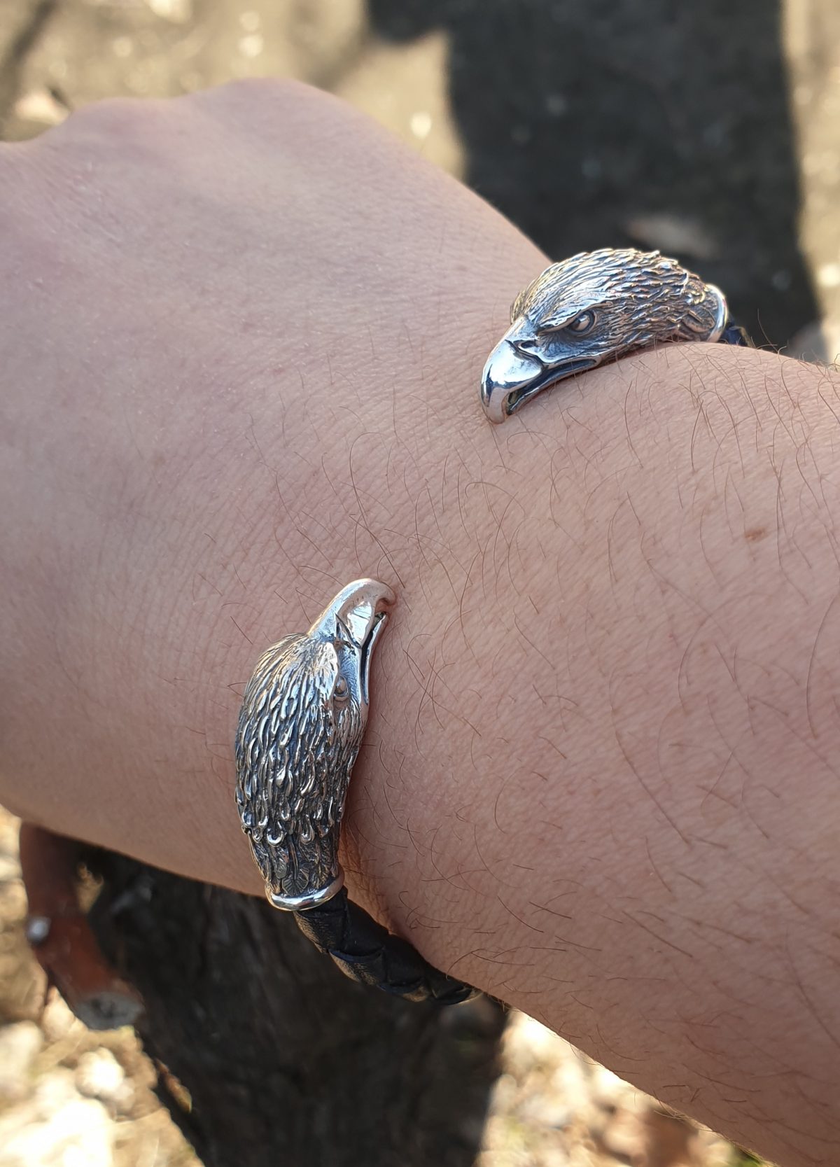 Мen's Cuff Bracelet Eagle Sterling Silver 925 and Genuine Leather