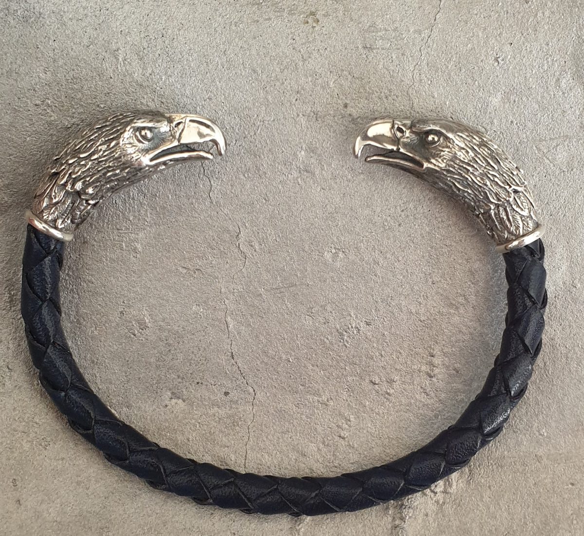 Мen's Cuff Bracelet Eagle Sterling Silver 925 and Genuine Leather