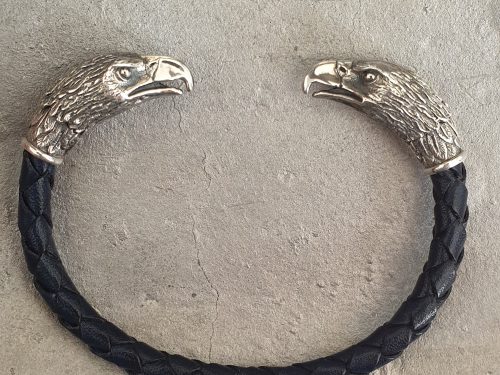 Мen's Cuff Bracelet Eagle Sterling Silver 925 and Genuine Leather