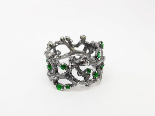 Tree Twigs Ring Sterling Silver 925, Green Nanocrystals