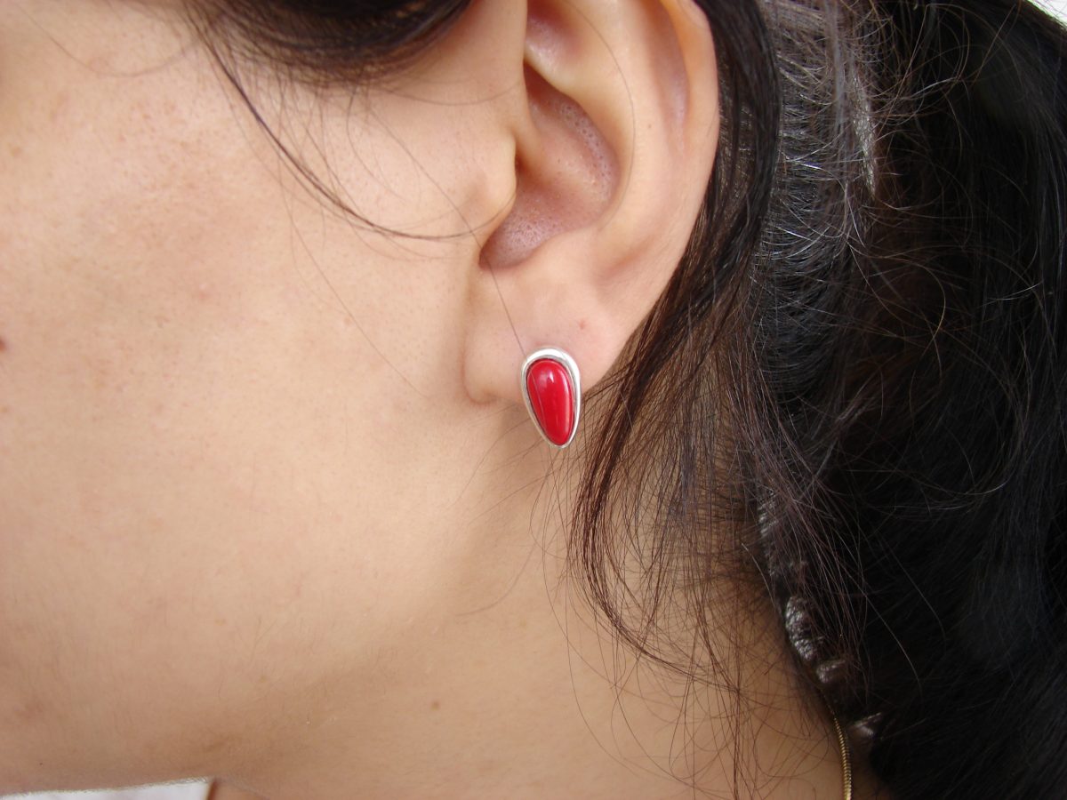 Red Coral Stud Earrings, Sterling Silver 925