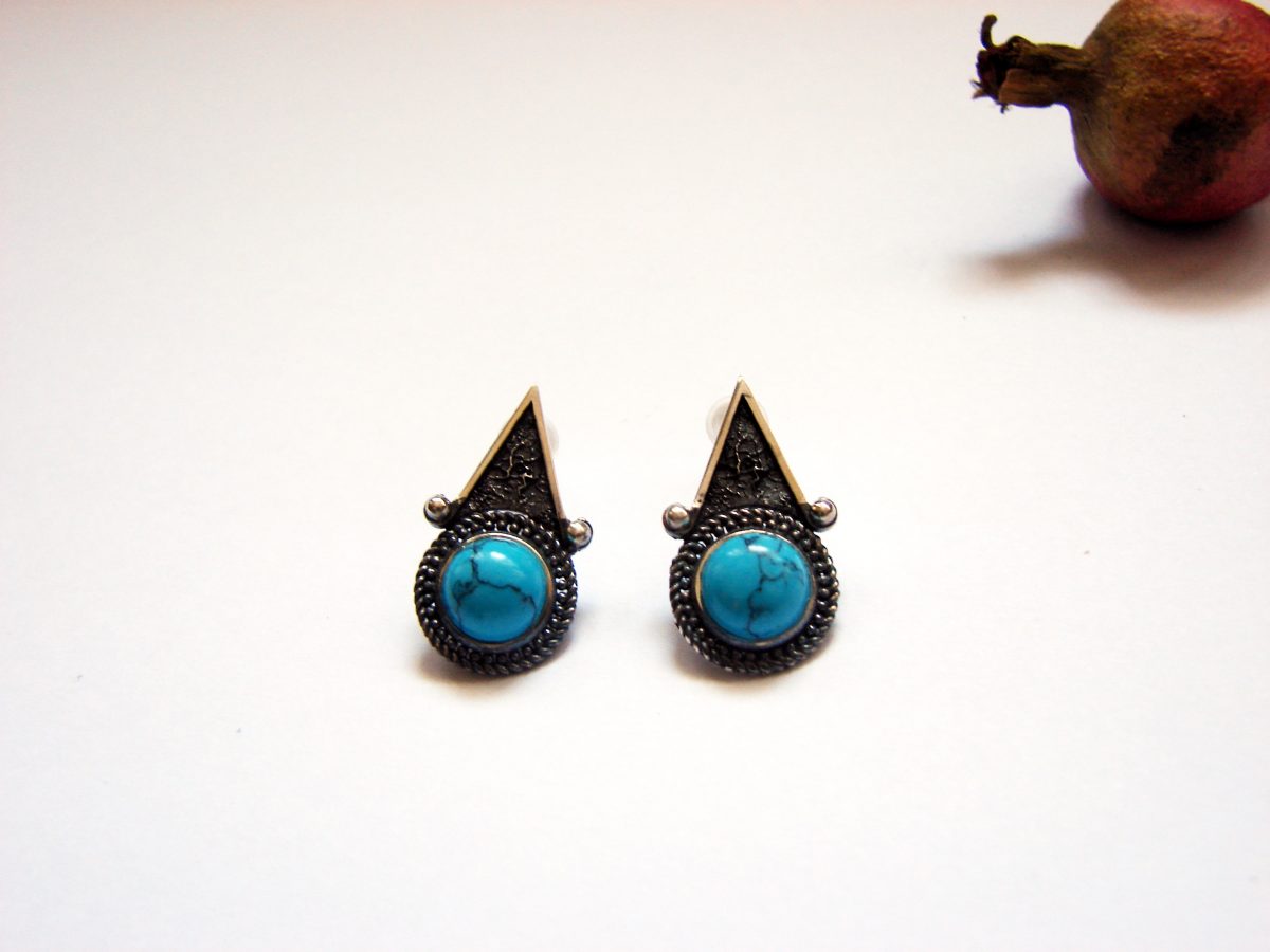 Turquoise Stud Earrings, Sterling Silver 925