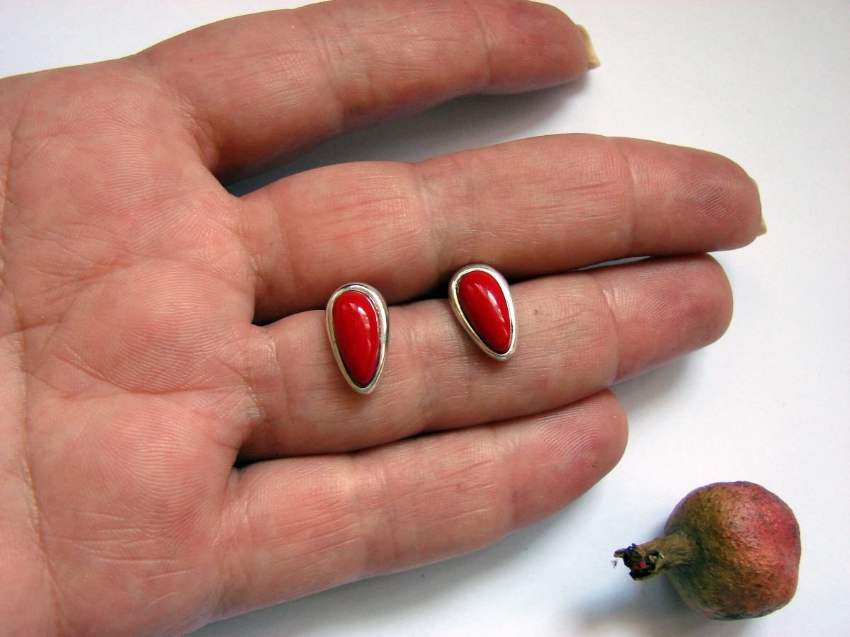 Red Coral Stud Earrings, Sterling Silver 925