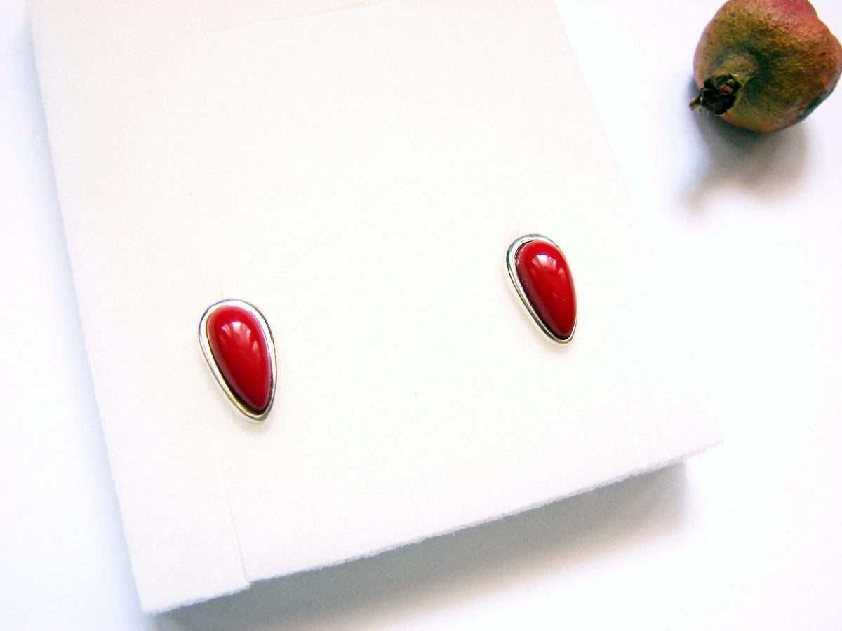 Red Coral Stud Earrings, Sterling Silver 925