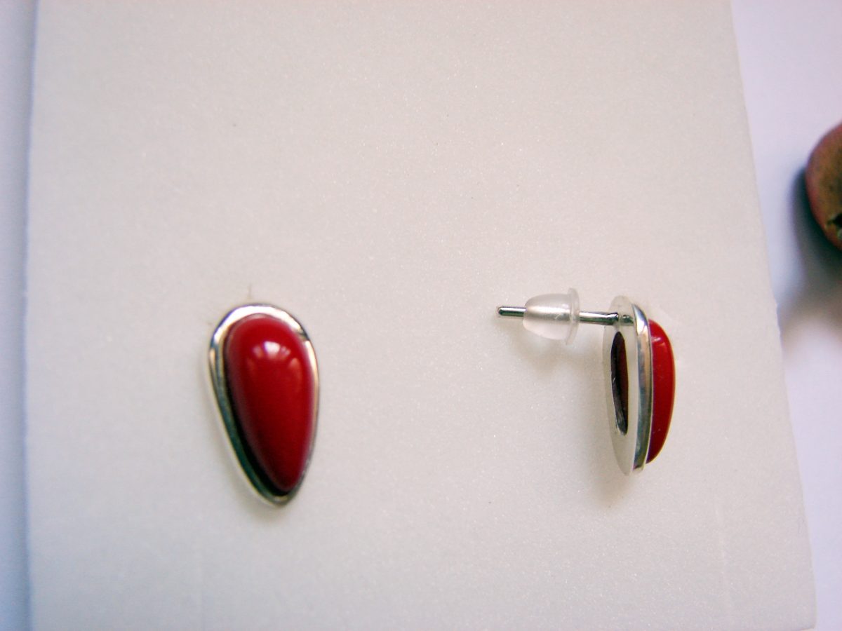 Red Coral Stud Earrings, Sterling Silver 925