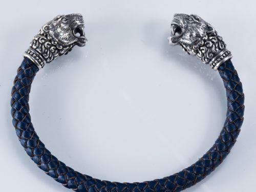 Мen's Cuff Bracelet Lion Sterling Silver 925 and Genuine Leather