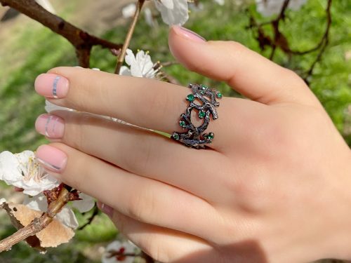 Tree Twigs Ring Sterling Silver 925, Green Nanocrystals