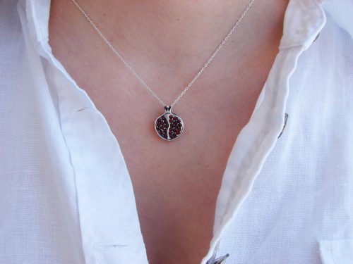 Sterling Silver Pomegranate Pendant and Earrings with Red Zircons