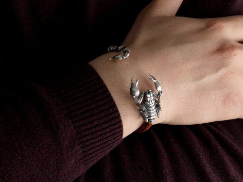 Мen's Cuff Bracelet Scorpio, Sterling Silver 925 and Leather