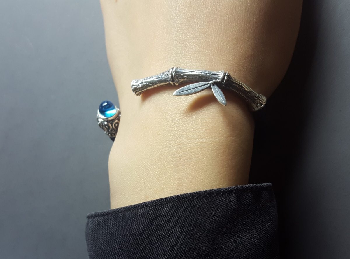 Leather Cuff Bracelet Bamboo, Sterling Silver 925