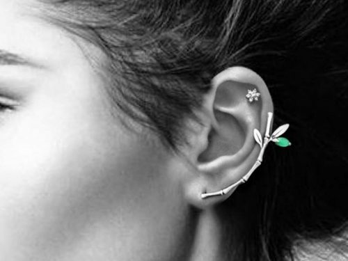 Stud Cuff Earrings Bamboo Sterling Silver 925, Dainty Cartilage Earrings. Green Cats Eye Earrings, Armenian Jewelry, Gift for Her