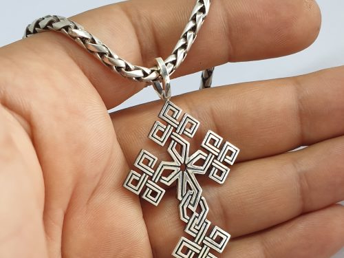 Large Cross Pendant with a Beautiful Ornament, Sterling Silver 925 Cross Pendant, Religious Gift