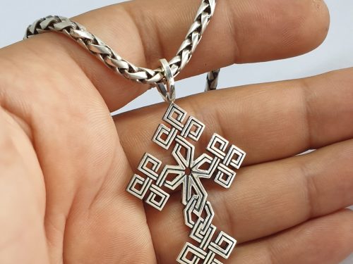 Large Cross Pendant with a Beautiful Ornament, Sterling Silver 925 Cross Pendant, Religious Gift