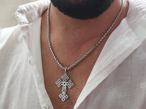 Large Cross Pendant with a Beautiful Ornament, Sterling Silver 925 Cross Pendant, Religious Gift