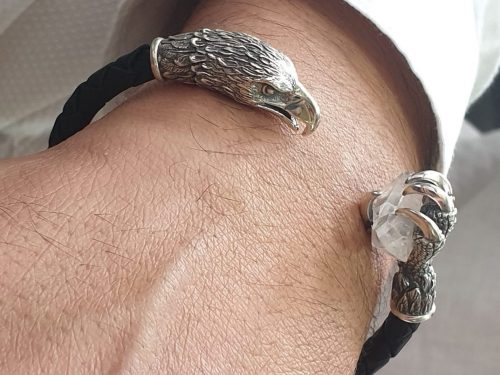 Leather Cuff Bracelet Eagle for Men, Sterling Silver 925