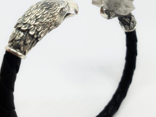 Leather Cuff Bracelet Eagle for Men, Sterling Silver 925