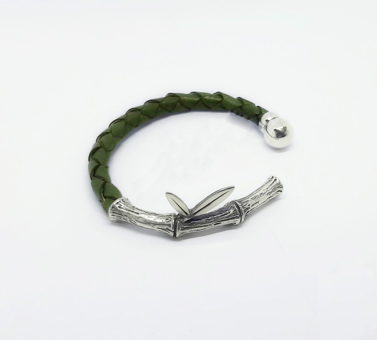 Leather Cuff Bracelet Bamboo, Sterling Silver 925