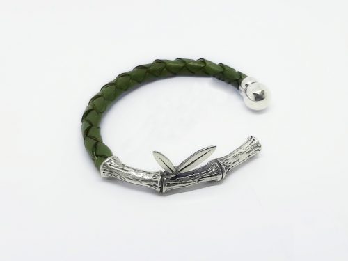 Leather Cuff Bracelet Bamboo, Sterling Silver 925