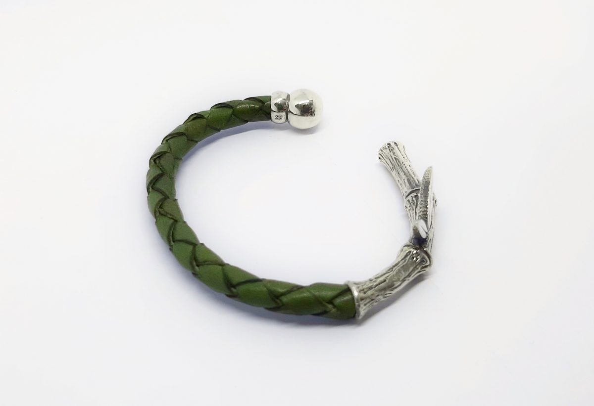 Leather Cuff Bracelet Bamboo, Sterling Silver 925