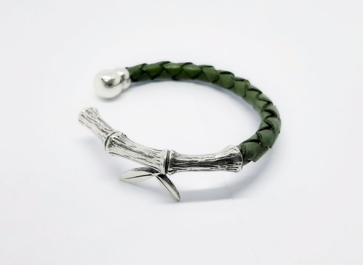 Leather Cuff Bracelet Bamboo, Sterling Silver 925