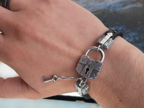 Leather Bracelet Lock and Key for Men Sterling Silver 925, Elegant Brutalist Bracelet