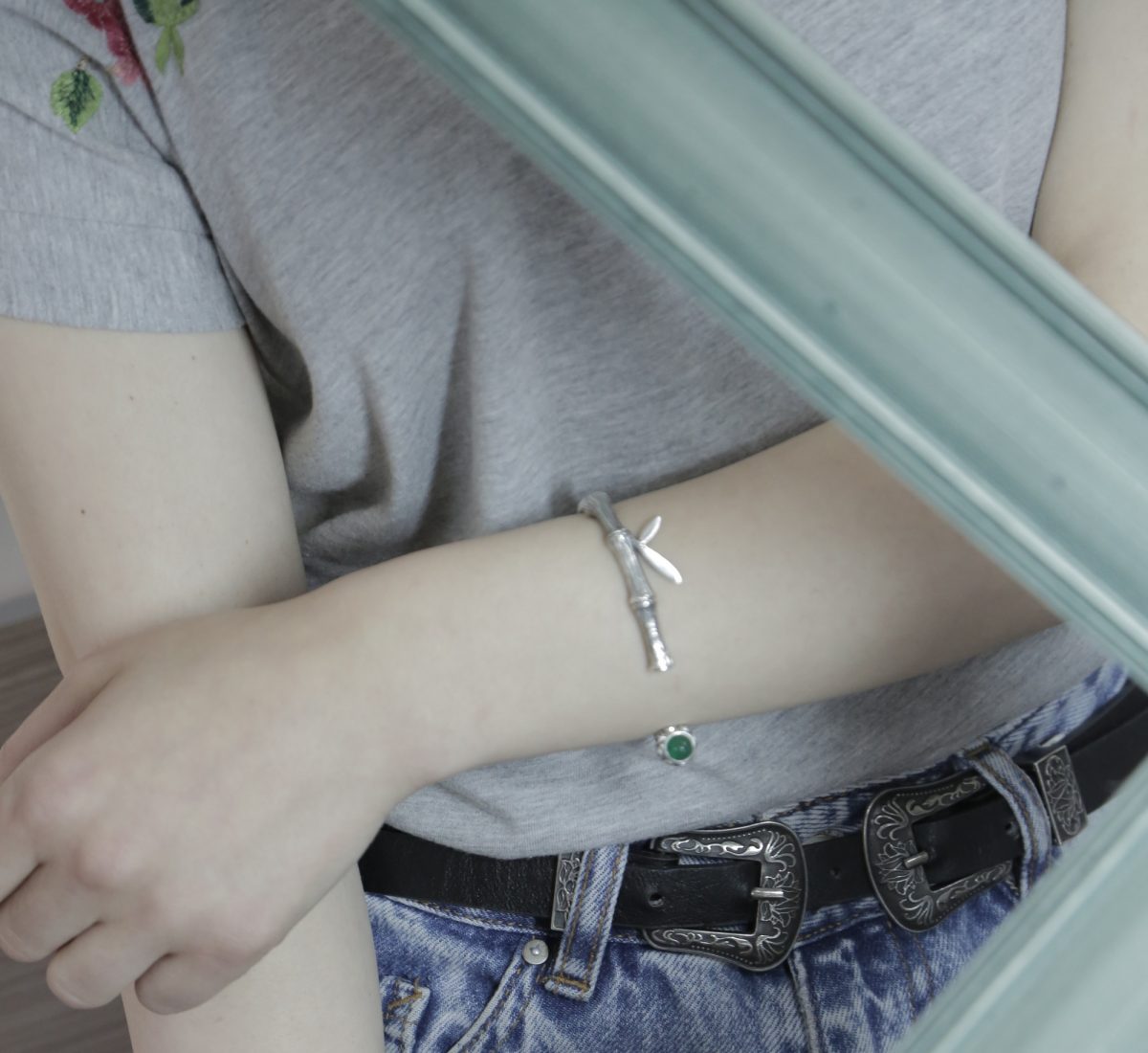 Leather Cuff Bracelet Bamboo, Sterling Silver 925