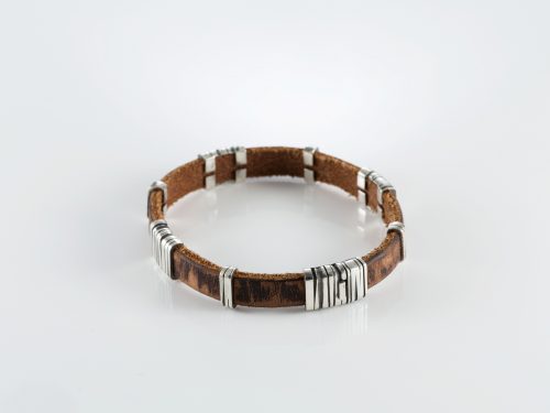 Genuine Leather Bracelet For Men with Sterling Silver 925 Charms. Elegant Brutalist Bracelet, Armenian Handmade Jewelry, Gift for Him