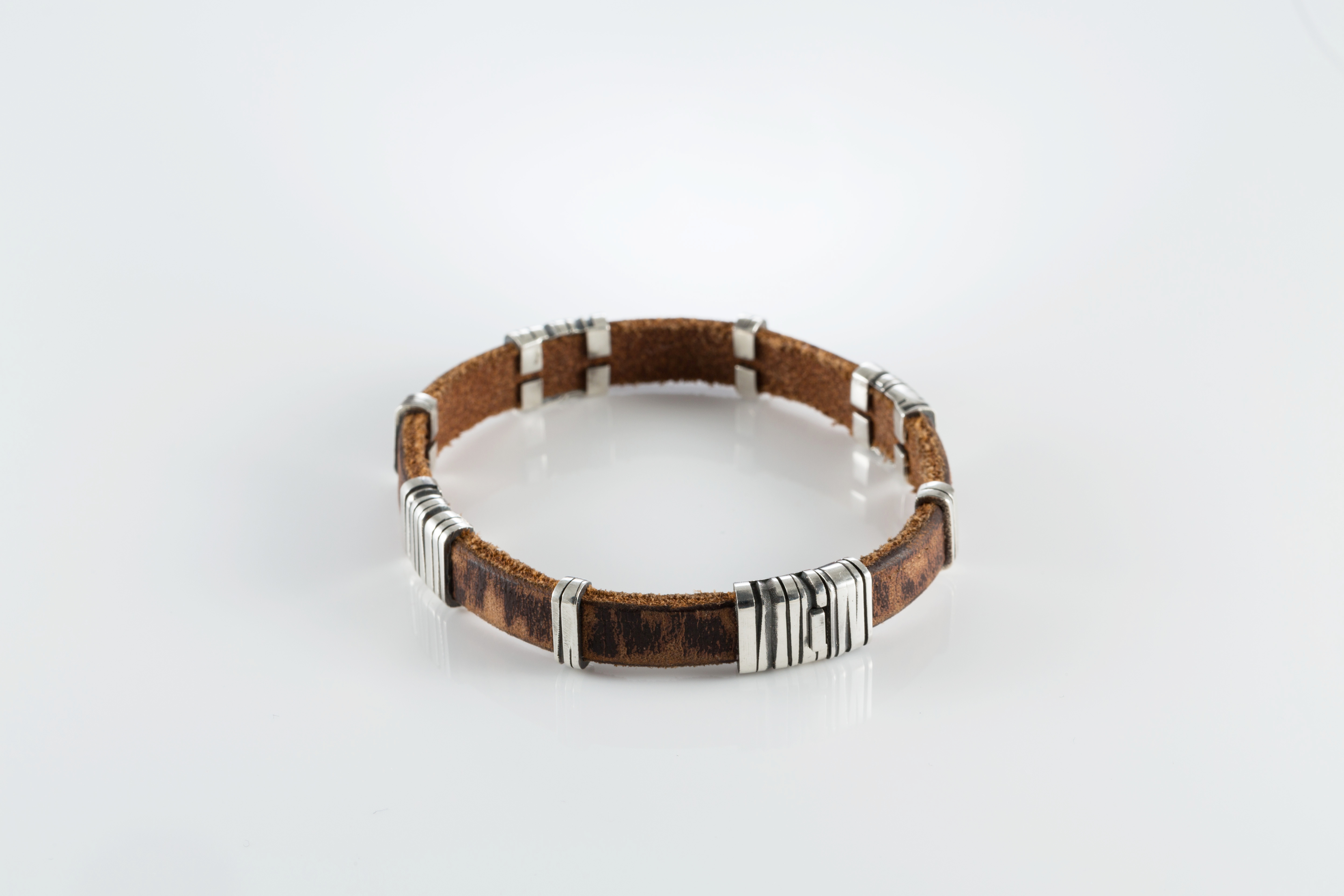 Genuine Leather Bracelet For Men with Sterling Silver 925 Charms. Elegant Brutalist Bracelet, Armenian Handmade Jewelry, Gift for Him