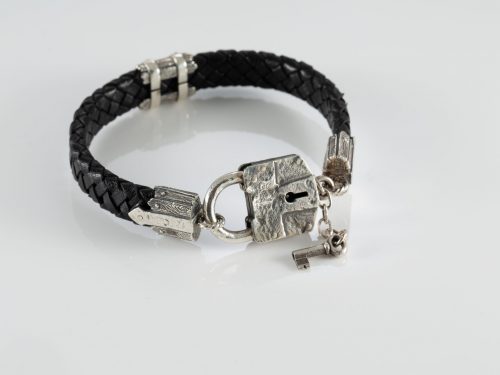 Leather Bracelet Lock and Key for Men Sterling Silver 925, Elegant Brutalist Bracelet