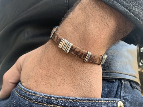 Genuine Leather Bracelet For Men with Sterling Silver 925 Charms. Elegant Brutalist Bracelet, Armenian Handmade Jewelry, Gift for Him