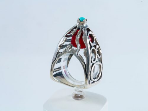 Large Ring Sterling Silver 925 with Turquoise and Coral, Statement Ring, Unusual Ring, Armenian Handmade Jewelry, Gift for Her