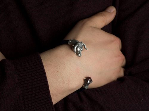 Мen's Cuff Bracelet Taurus, Sterling Silver 925 and Leather