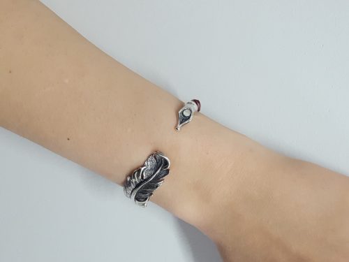 Cuff Bracelet Feather For Women Sterling Silver 925 and Genuine Leather