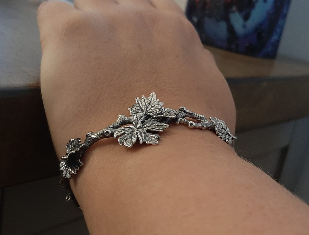 Cuff Bracelet Tree Branch with Leaves Sterling Silver 925