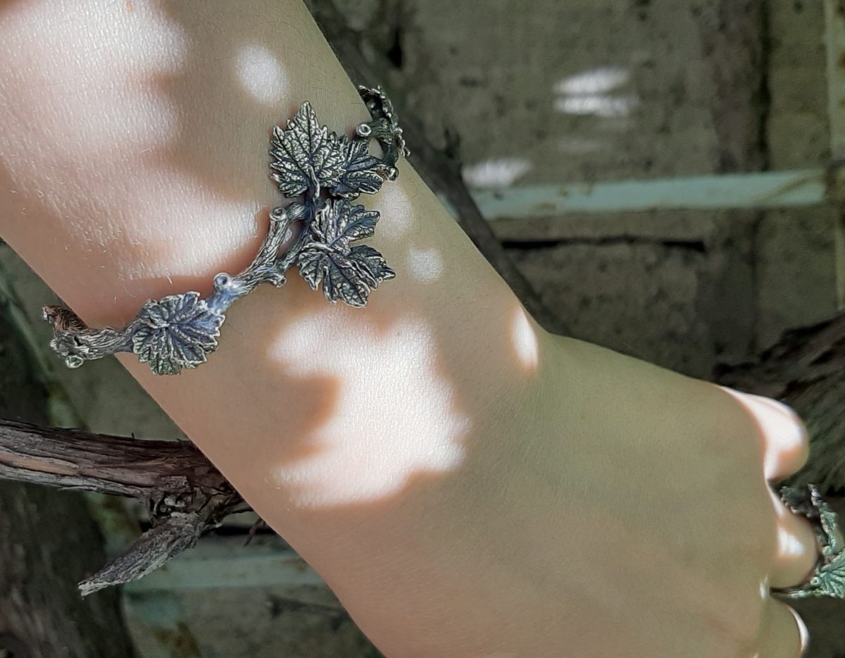 Cuff Bracelet Tree Branch with Leaves Sterling Silver 925