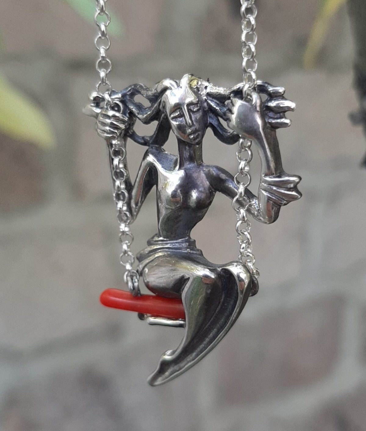 Girl on a Swing Necklace, Swinging Girl Pendant Sterling Silver 925