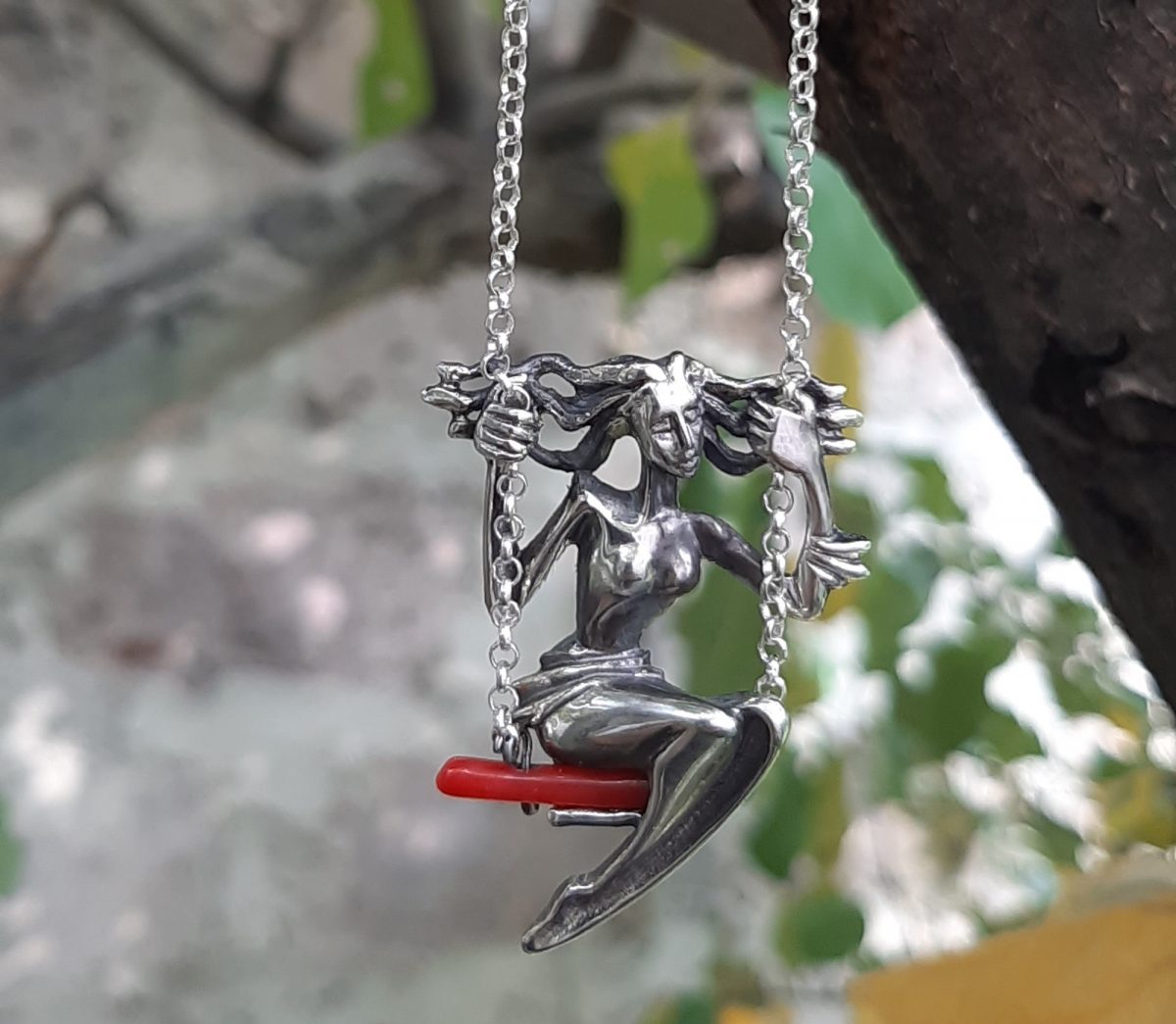 Girl on a Swing Necklace, Swinging Girl Pendant Sterling Silver 925