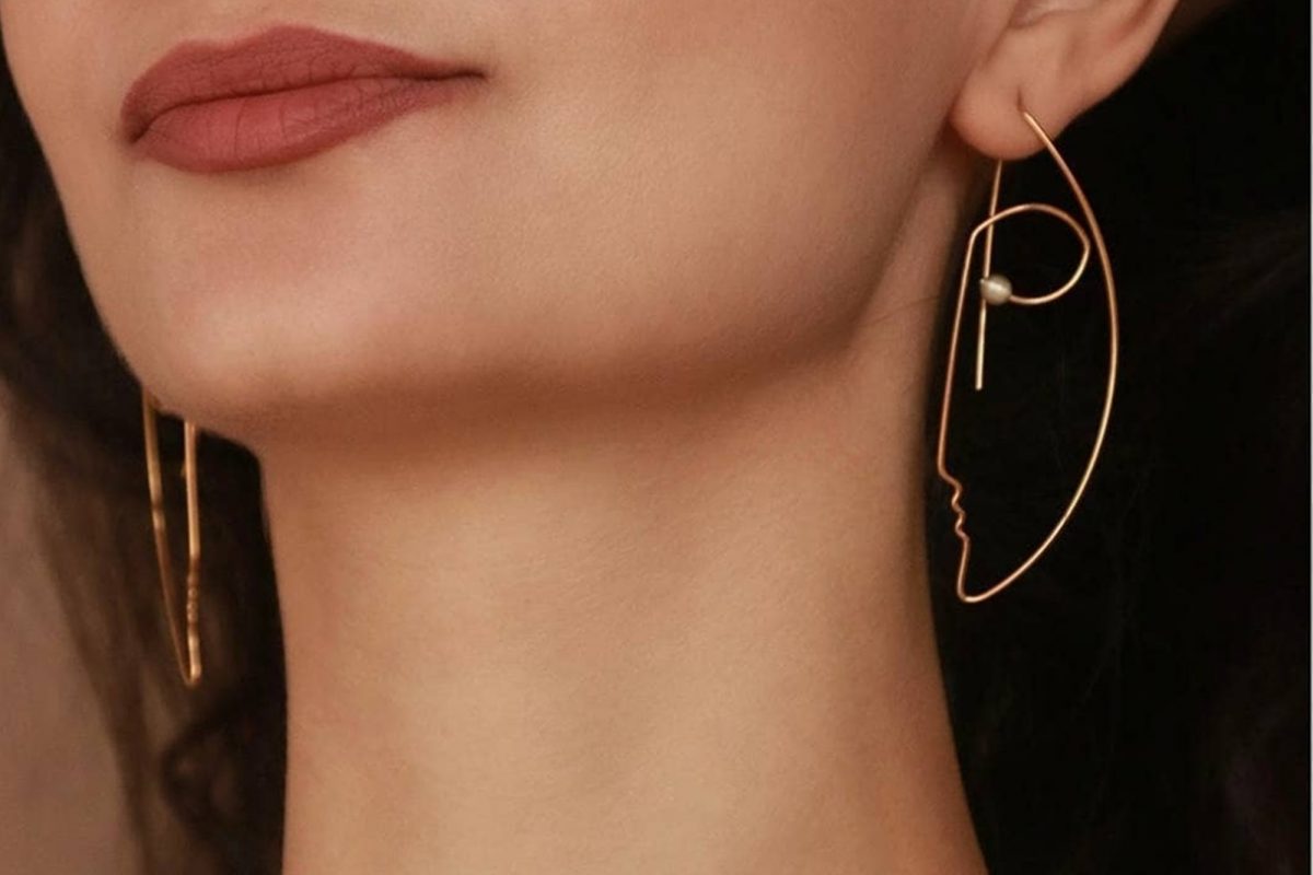 Silver Wire Face Silhouette Earrings with Pearls, Minimalist Jewelry