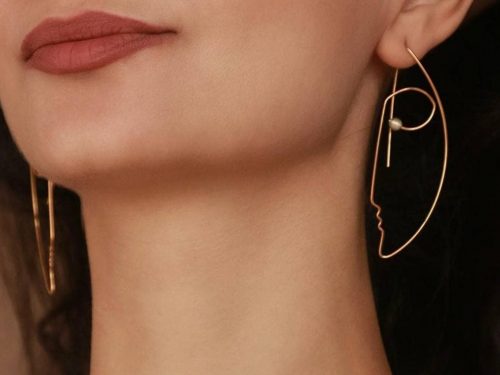 Silver Wire Face Silhouette Earrings with Pearls, Minimalist Jewelry