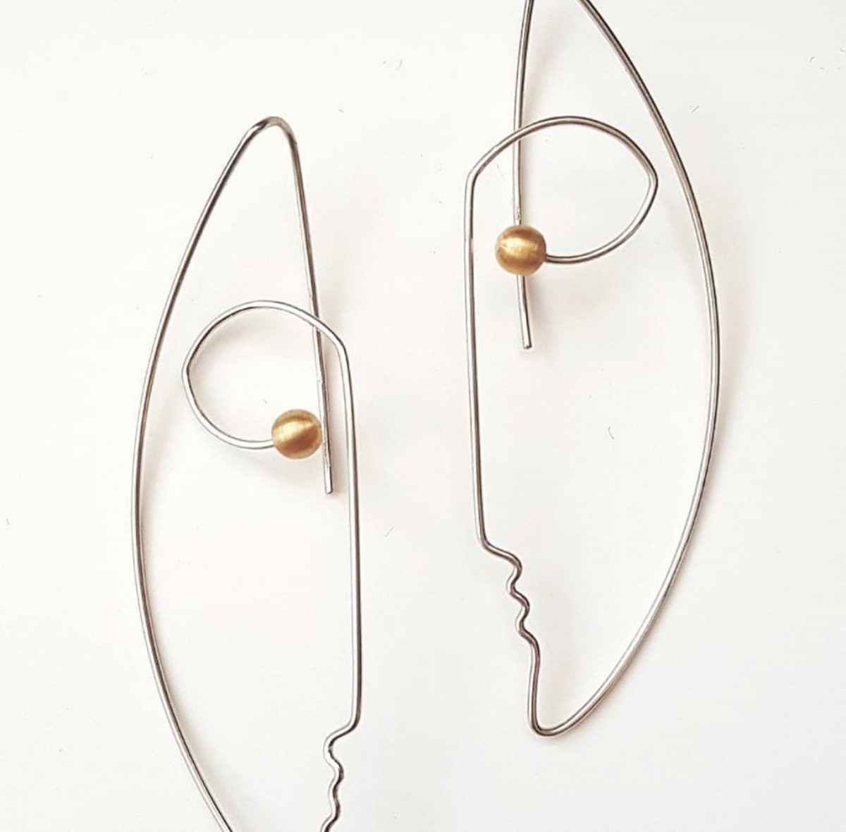 Silver Wire Face Silhouette Earrings with Pearls, Minimalist Jewelry