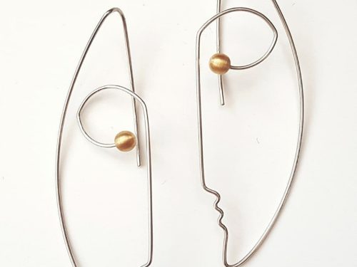 Silver Wire Face Silhouette Earrings with Pearls, Minimalist Jewelry