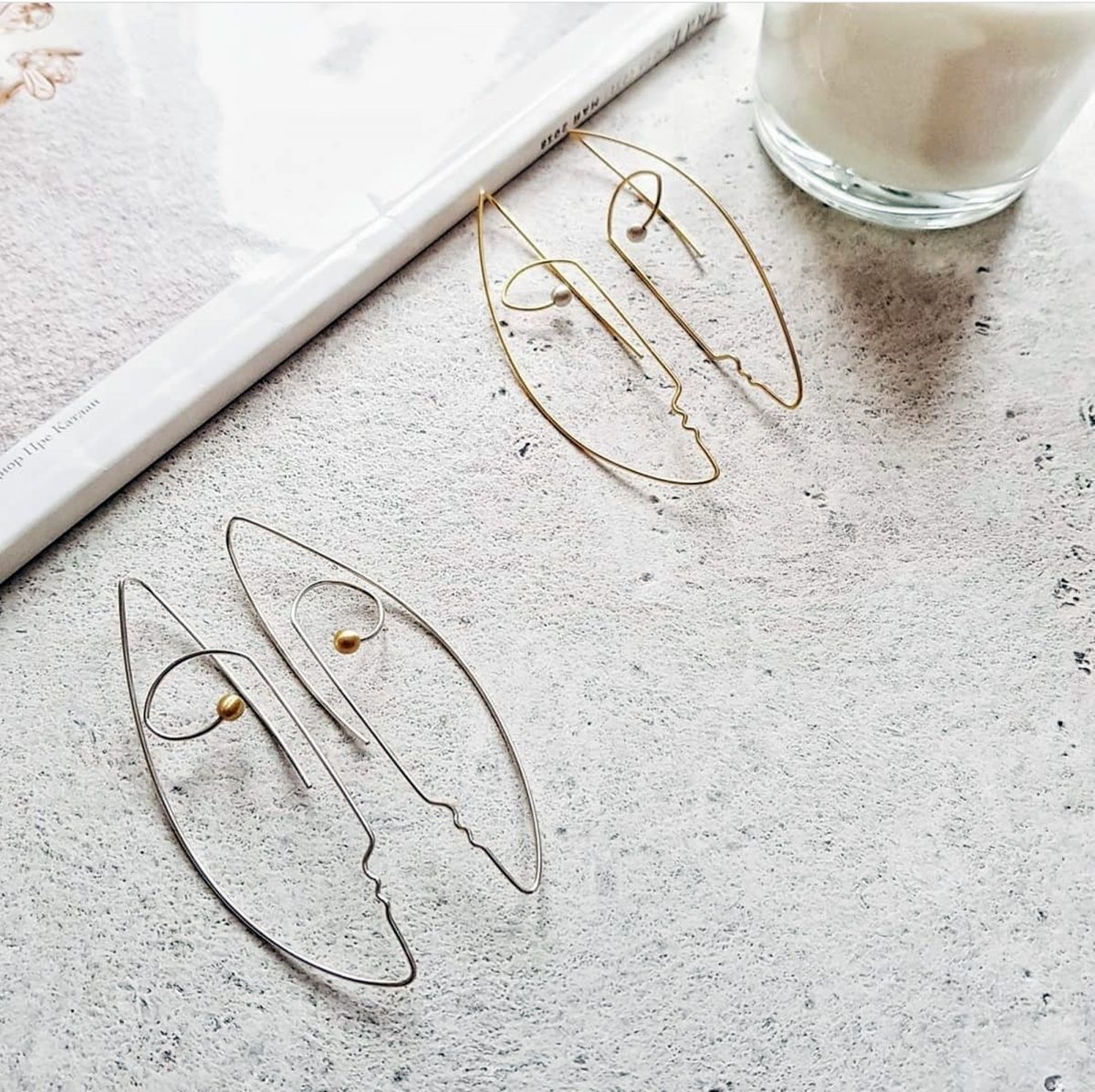 Silver Wire Face Silhouette Earrings with Pearls, Minimalist Jewelry